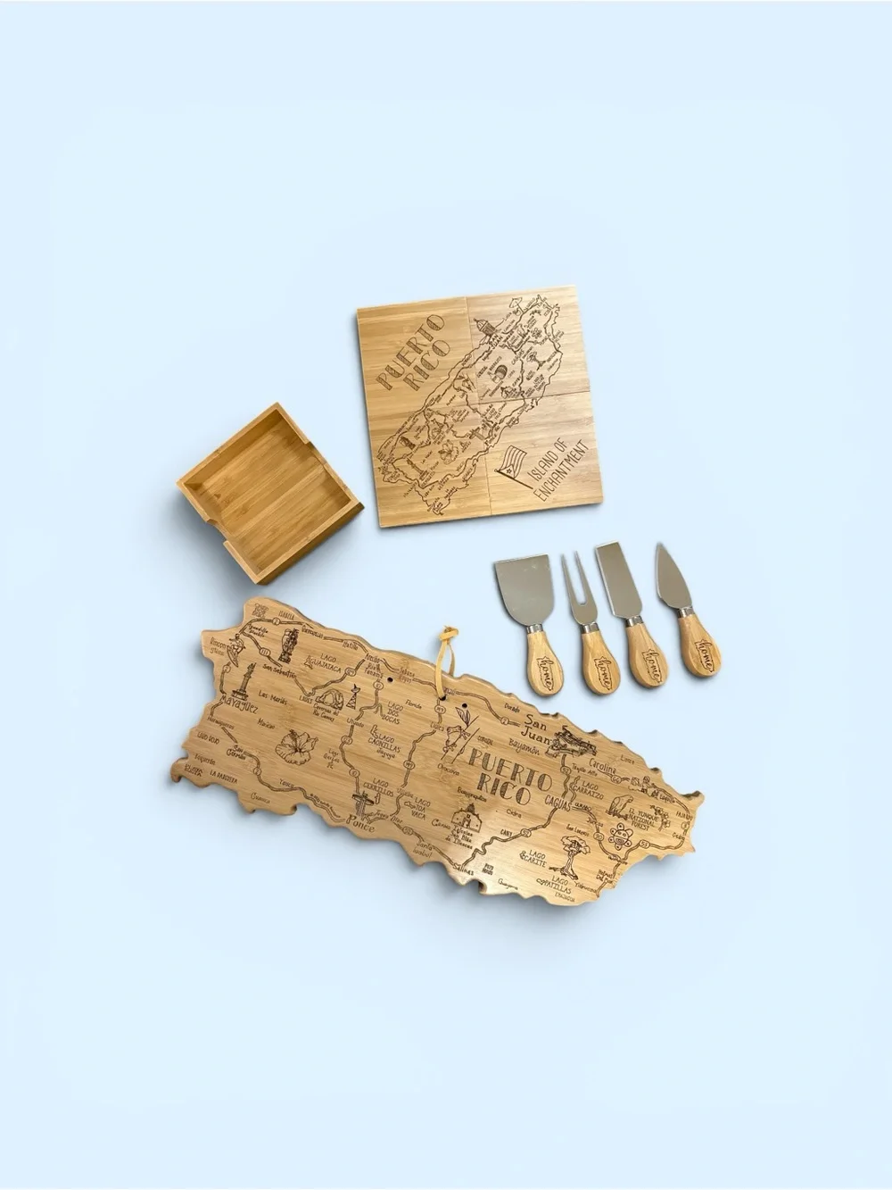 Puerto Rico Bamboo 10 Piece Cheese Board Set w/ Utensils and Coaster Set NEW